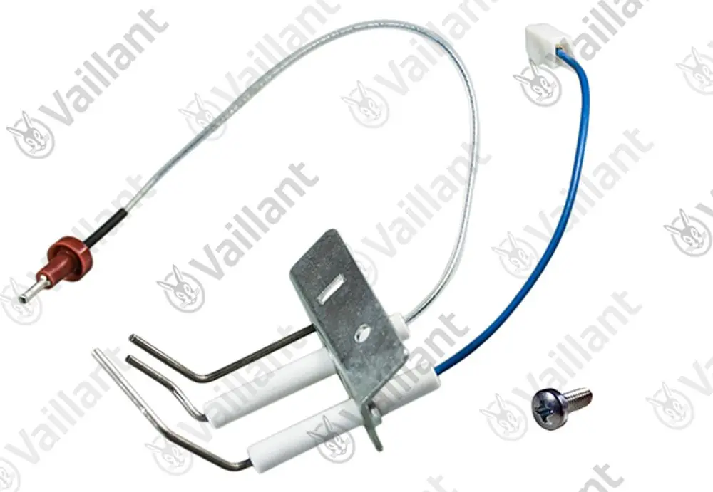 Vaillant Zünd- und Überwachungs-Elektrode mit Metallhalterung, zwei elektrischen Anschlüssen und einem Kabel, geliefert mit einer Schraube.